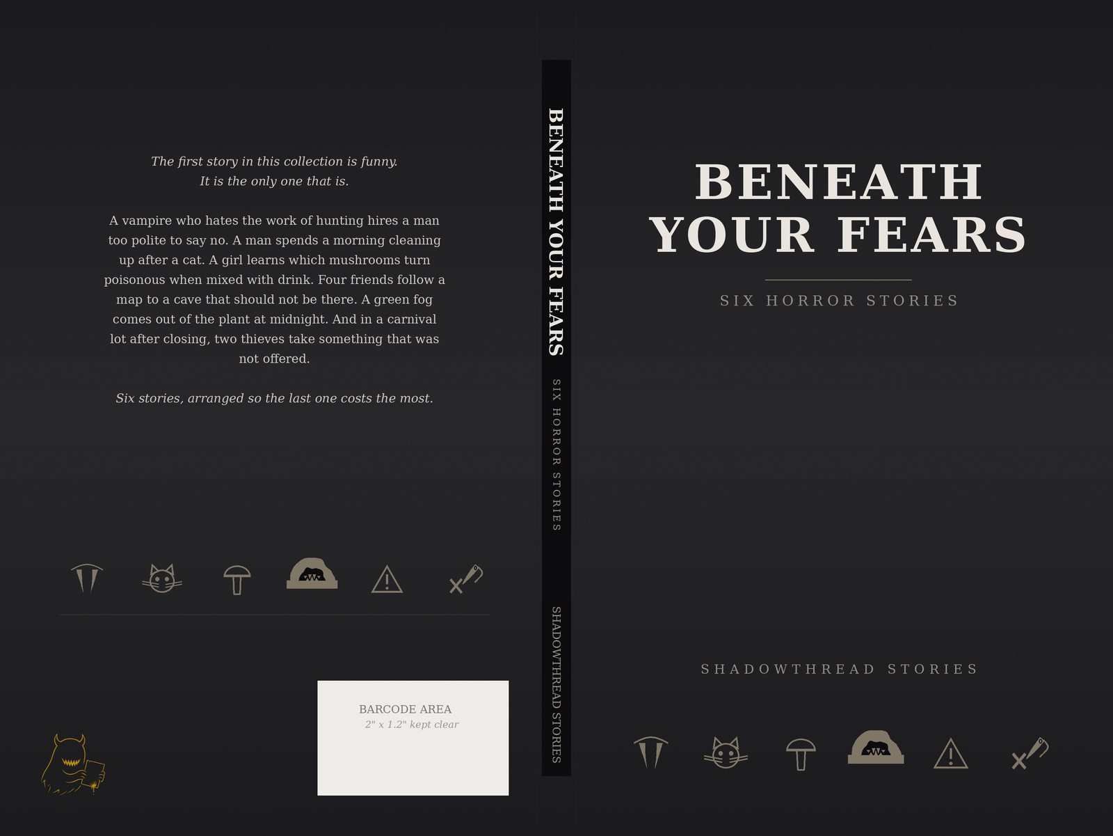 The author's original paperback wrap: grey gradient background, serif title, back cover copy, and six small gold symbols along the bottom of the front and back.
