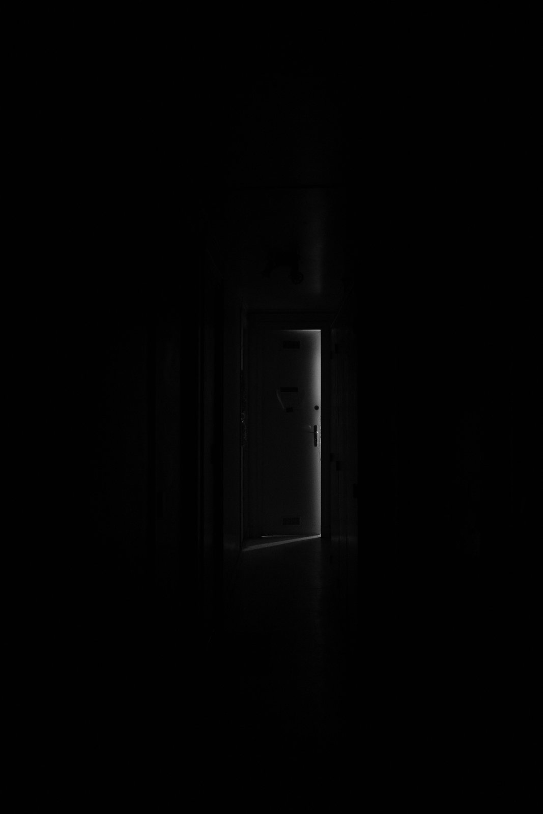 The author's royalty-free reference photograph: a pitch-dark corridor with pale light around a half-open door.