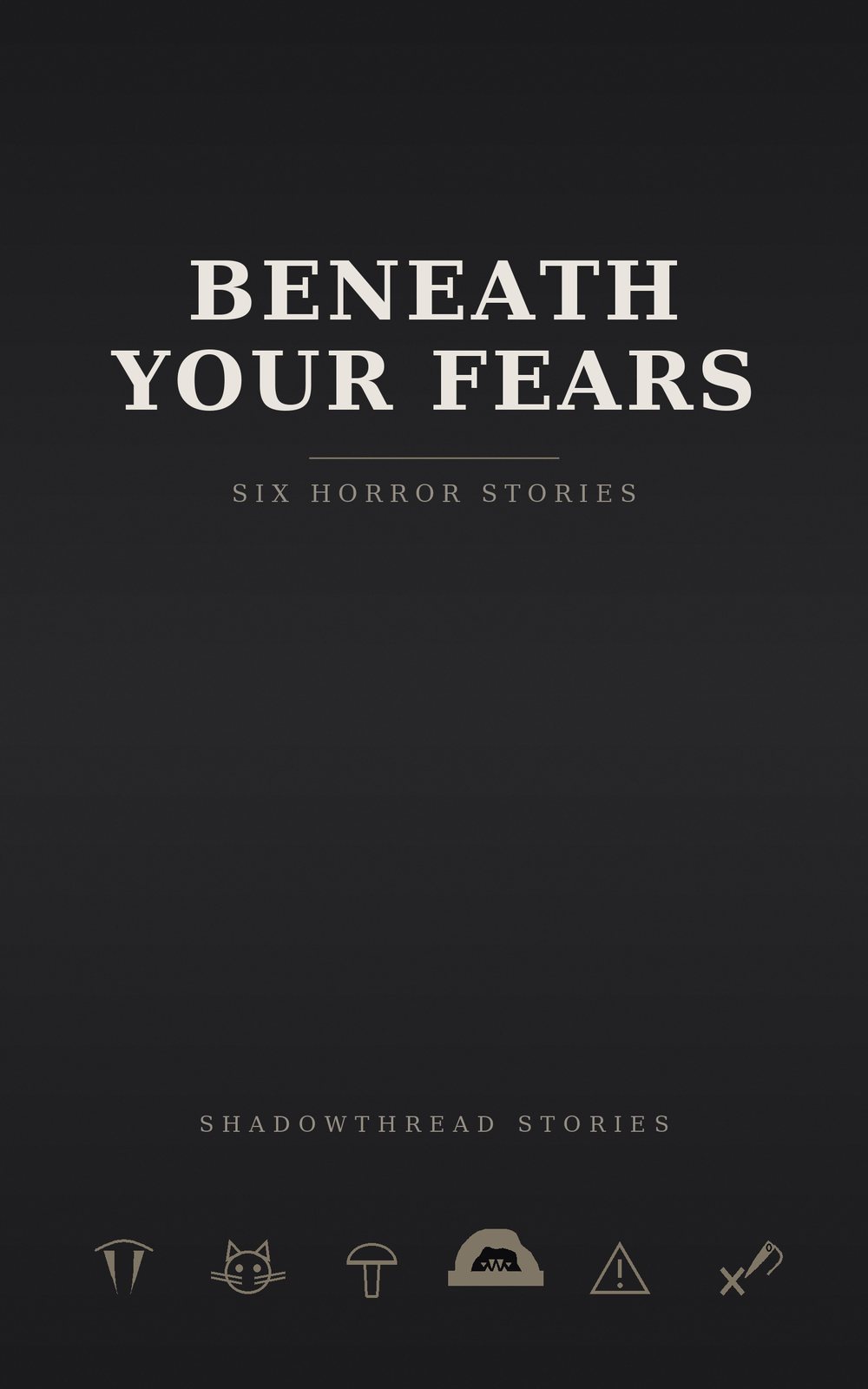 The author's original ebook front with the title centred high and six small symbols along the bottom edge.