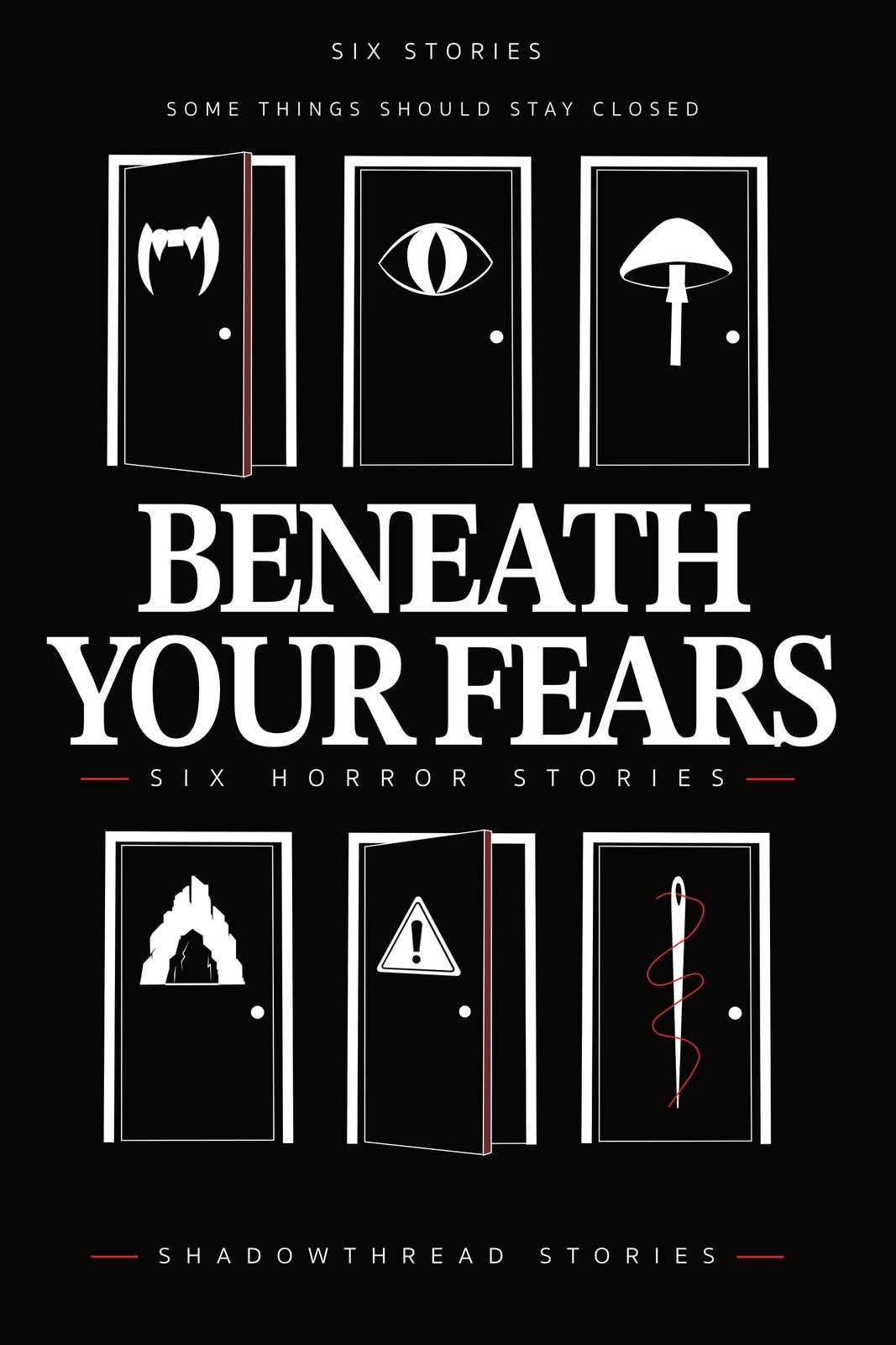 Doors concept: three doors above the title and three below, each carrying one symbol.