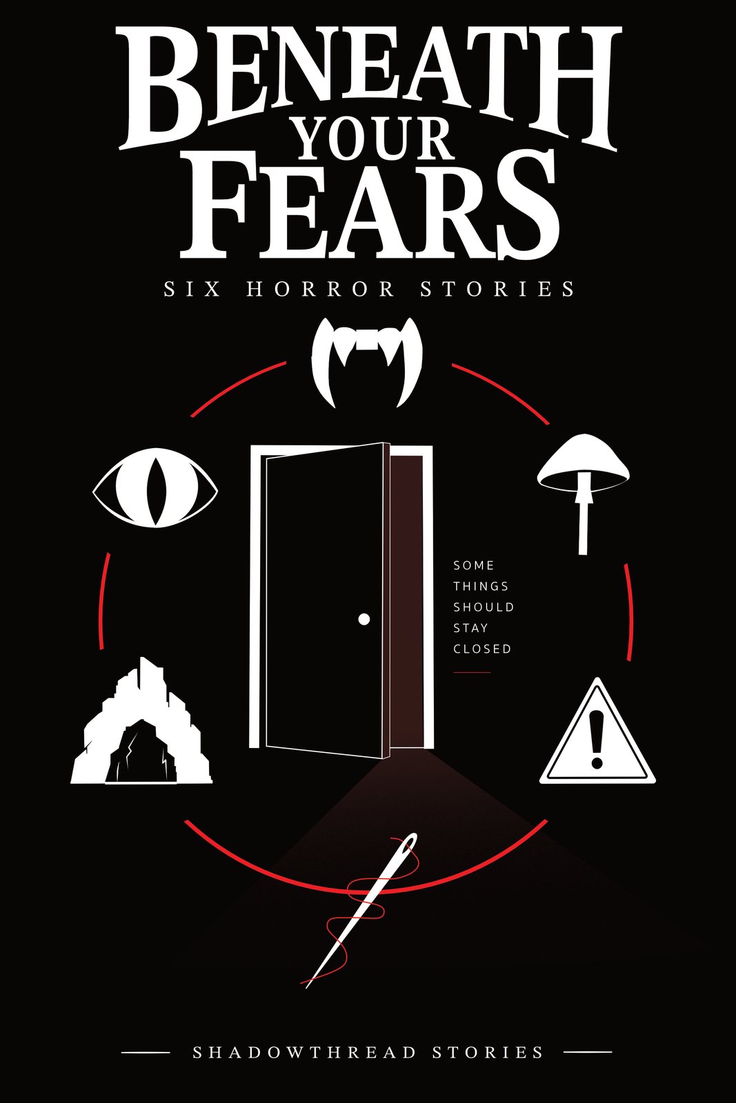 Circle concept: the six symbols arranged around a single open door inside a broken red ring.