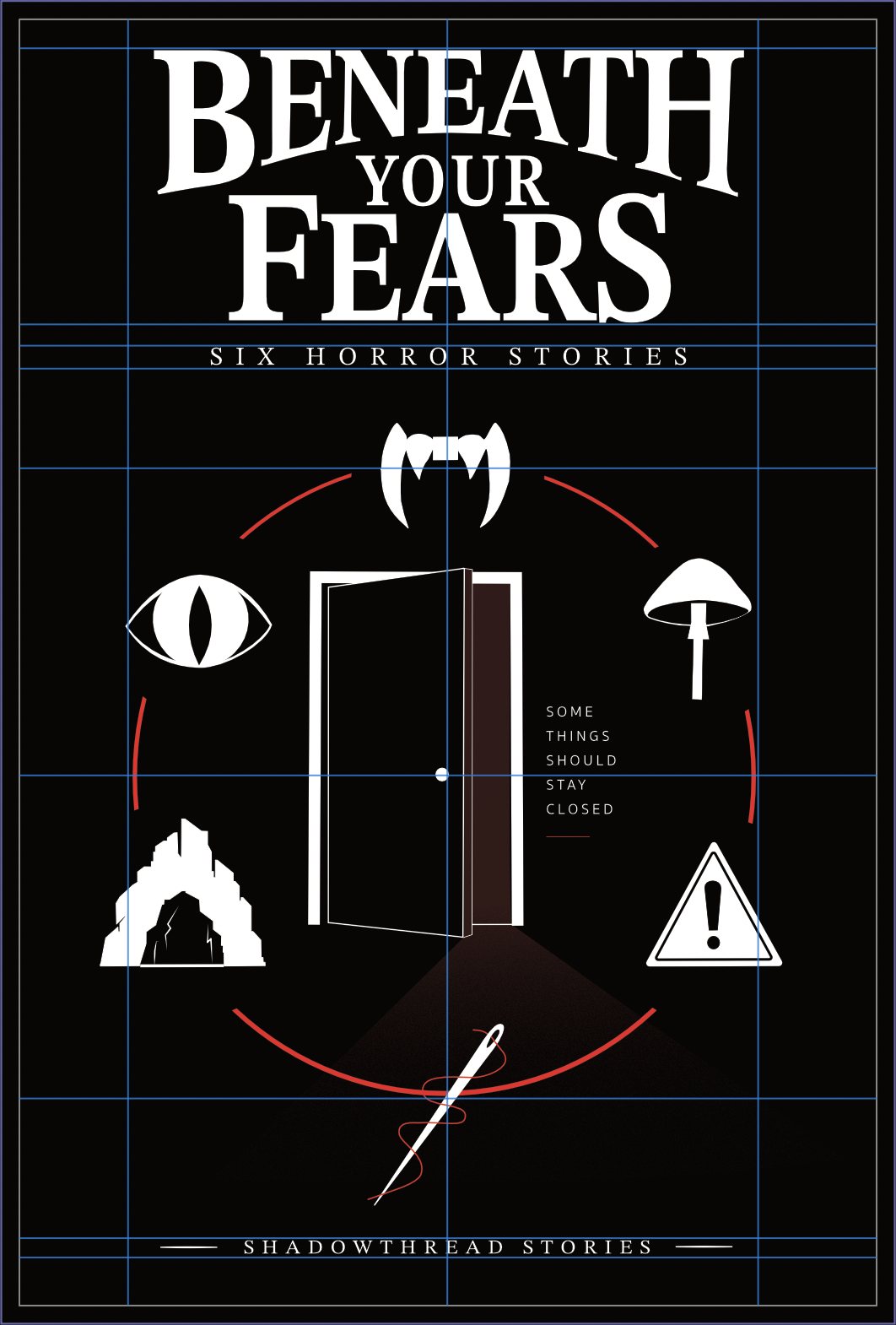 Circle concept with blue layout guides running through the door and symbols.