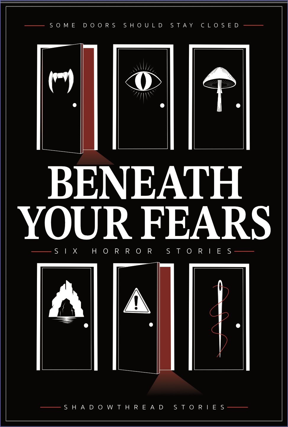 The doors cover with a symbol on each door: fangs, eye, mushroom on the top row, cave, warning sign and needle on the bottom row.