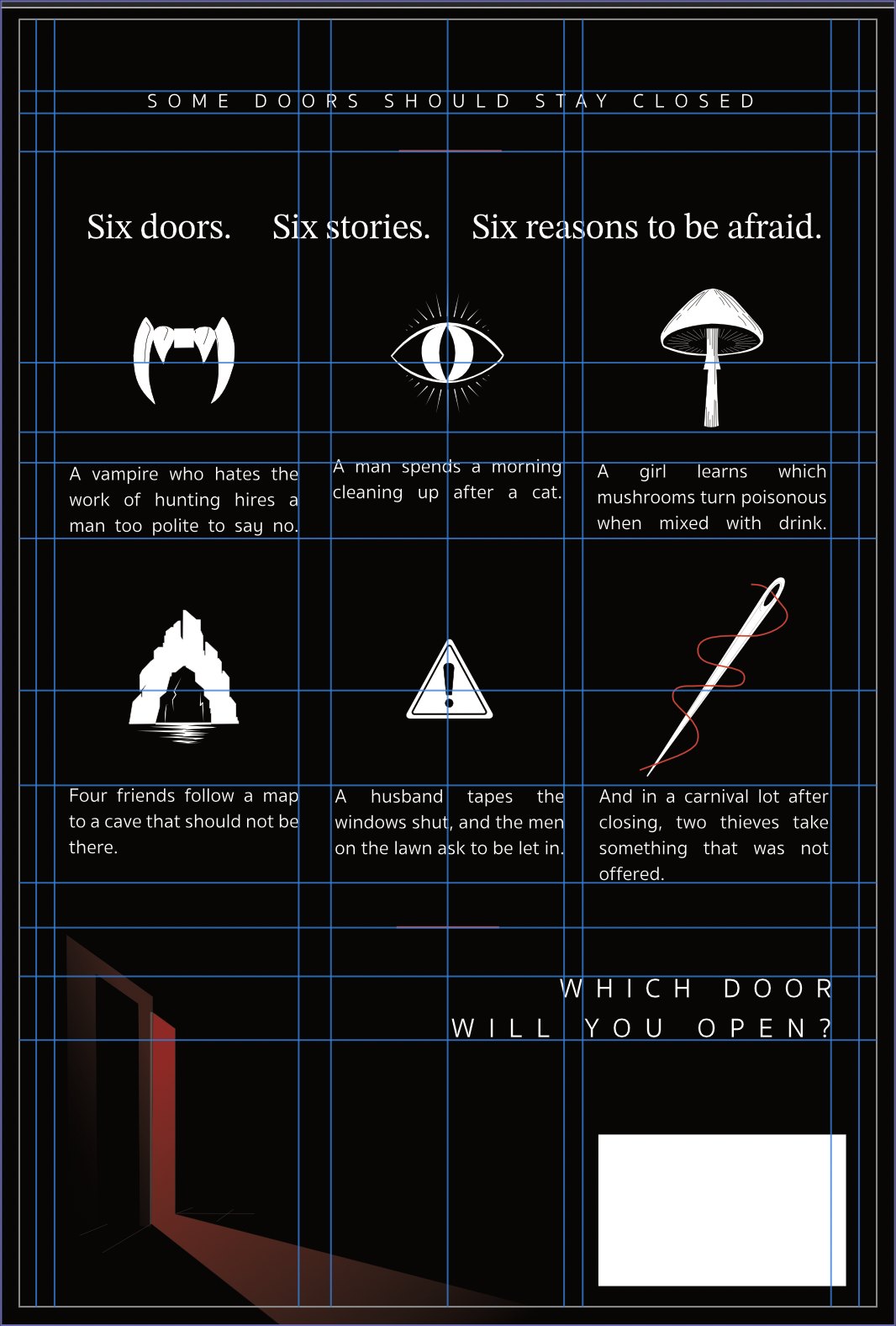 The grid back cover with layout guides: six symbols in a three by two grid, in the same order as the front doors, with each story description beneath its symbol.