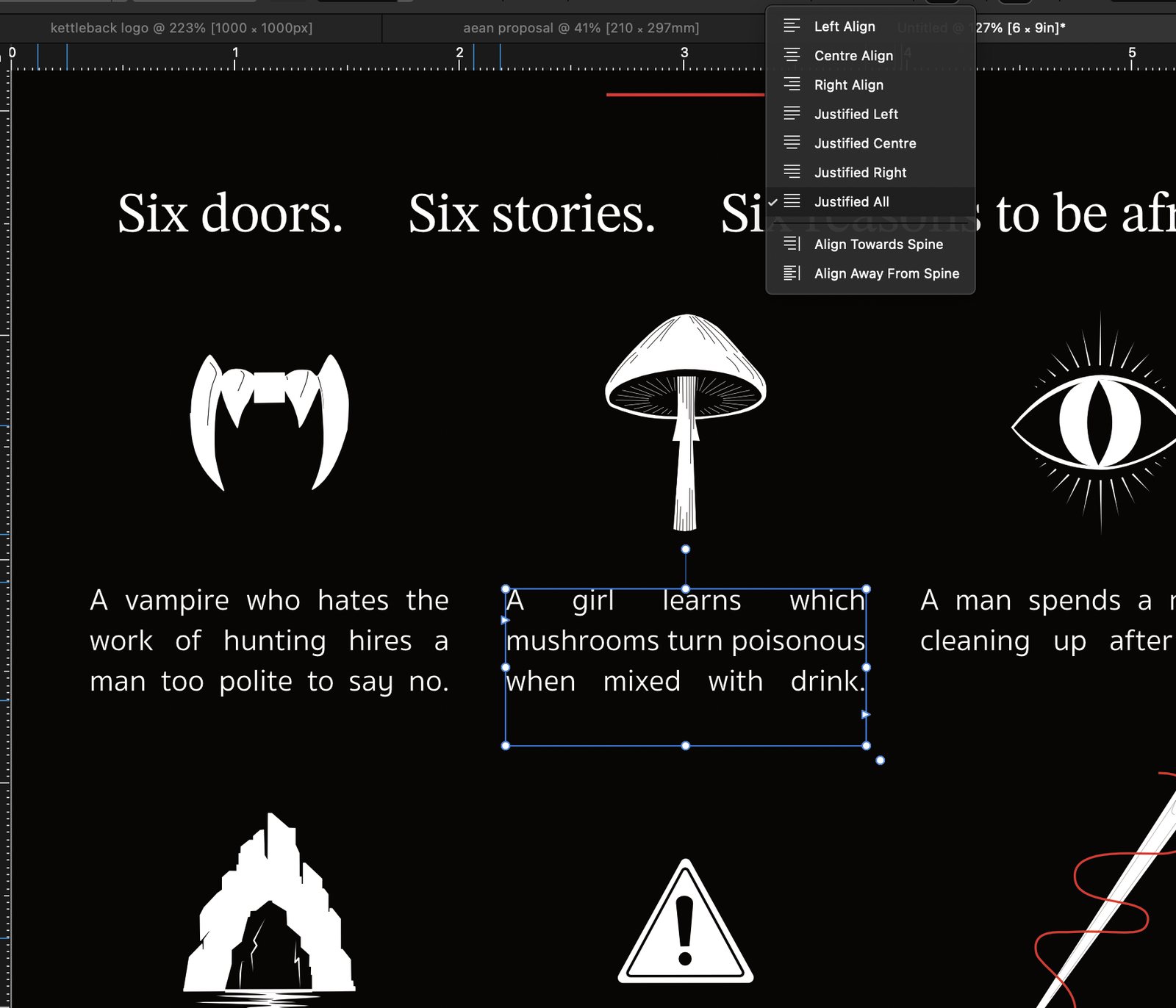 Affinity Designer screenshot with the paragraph alignment menu open over the back cover blurbs, comparing alignment options.