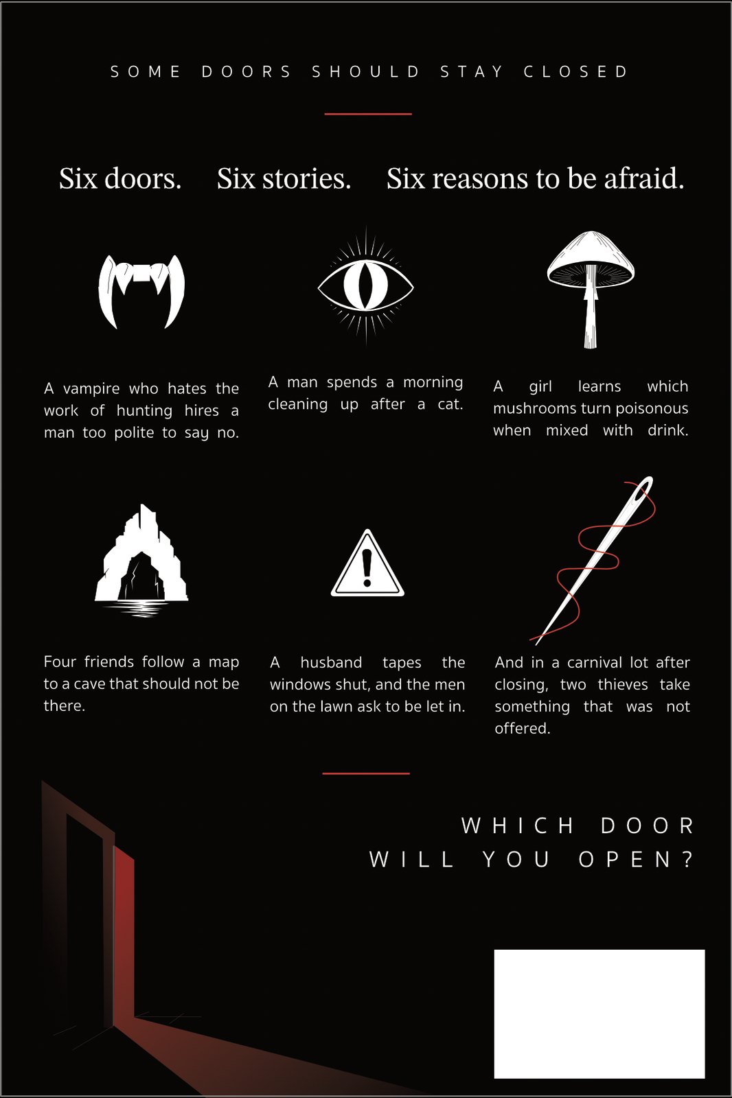 The finished back cover, flat: six symbols in the same order as the front doors, each with its one-line story description, the closing question and the red door in the lower left.