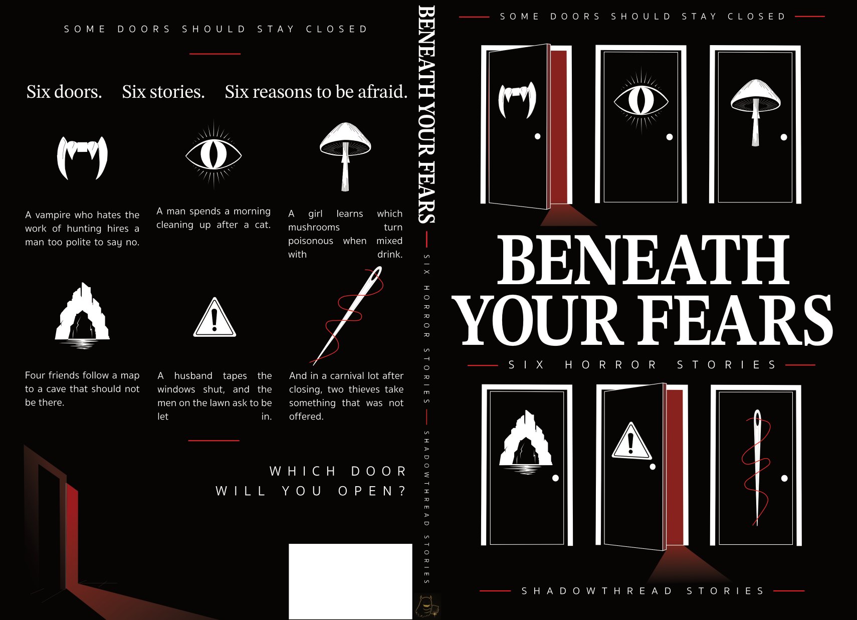 The full paperback wrap laid flat: the back cover with six symbols and story descriptions on the left, the spine with the title running down it in the centre, and the front cover with the six doors on the right.