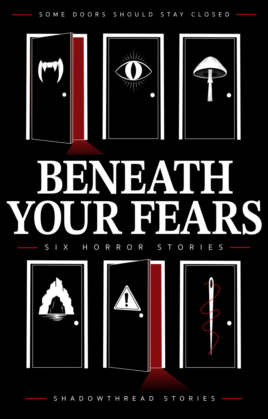The final Kindle ebook cover: six doors, two open with red light, and the title in white serif capitals across the middle.