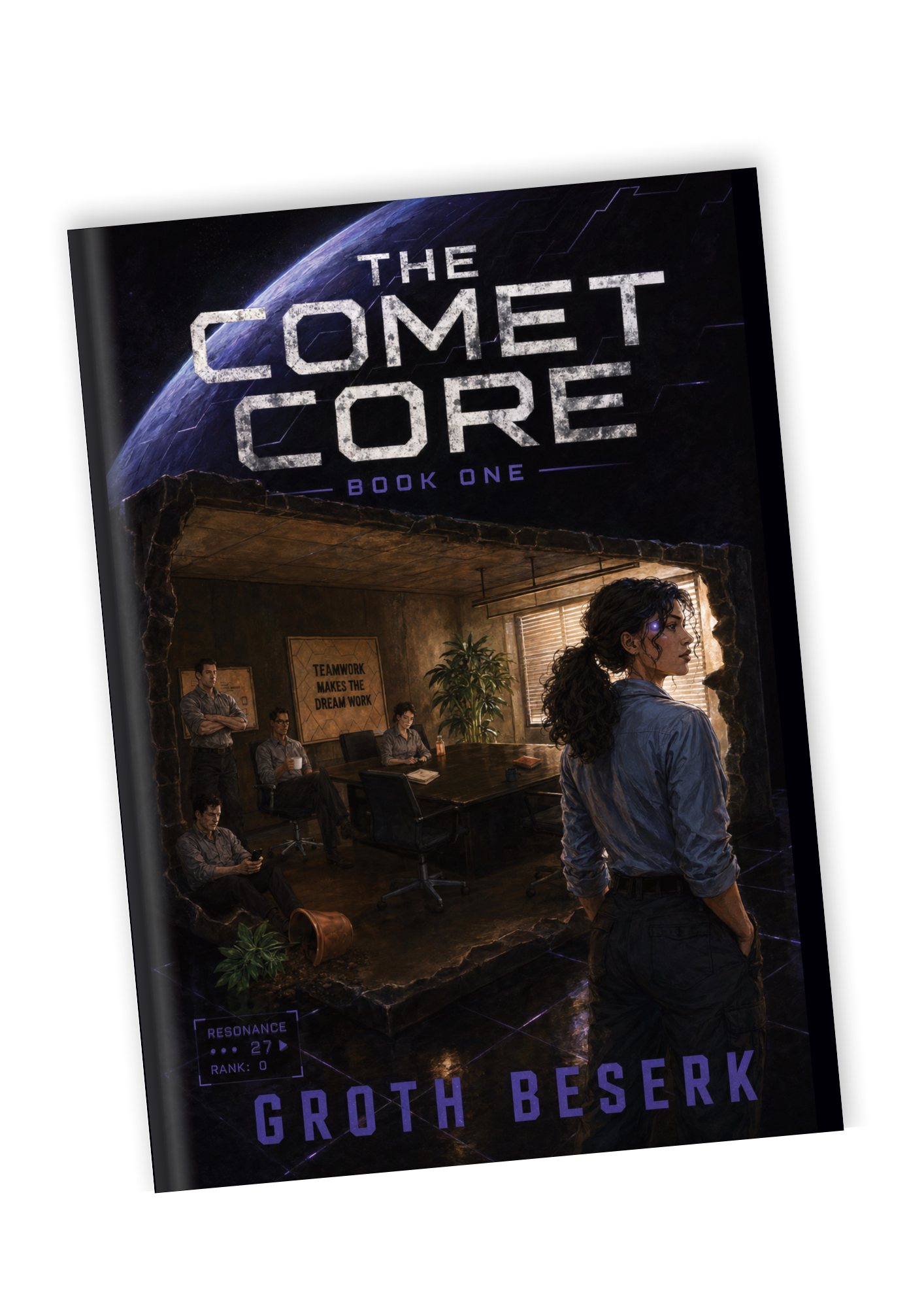 The Comet Core, standing hardback and spine mockup
