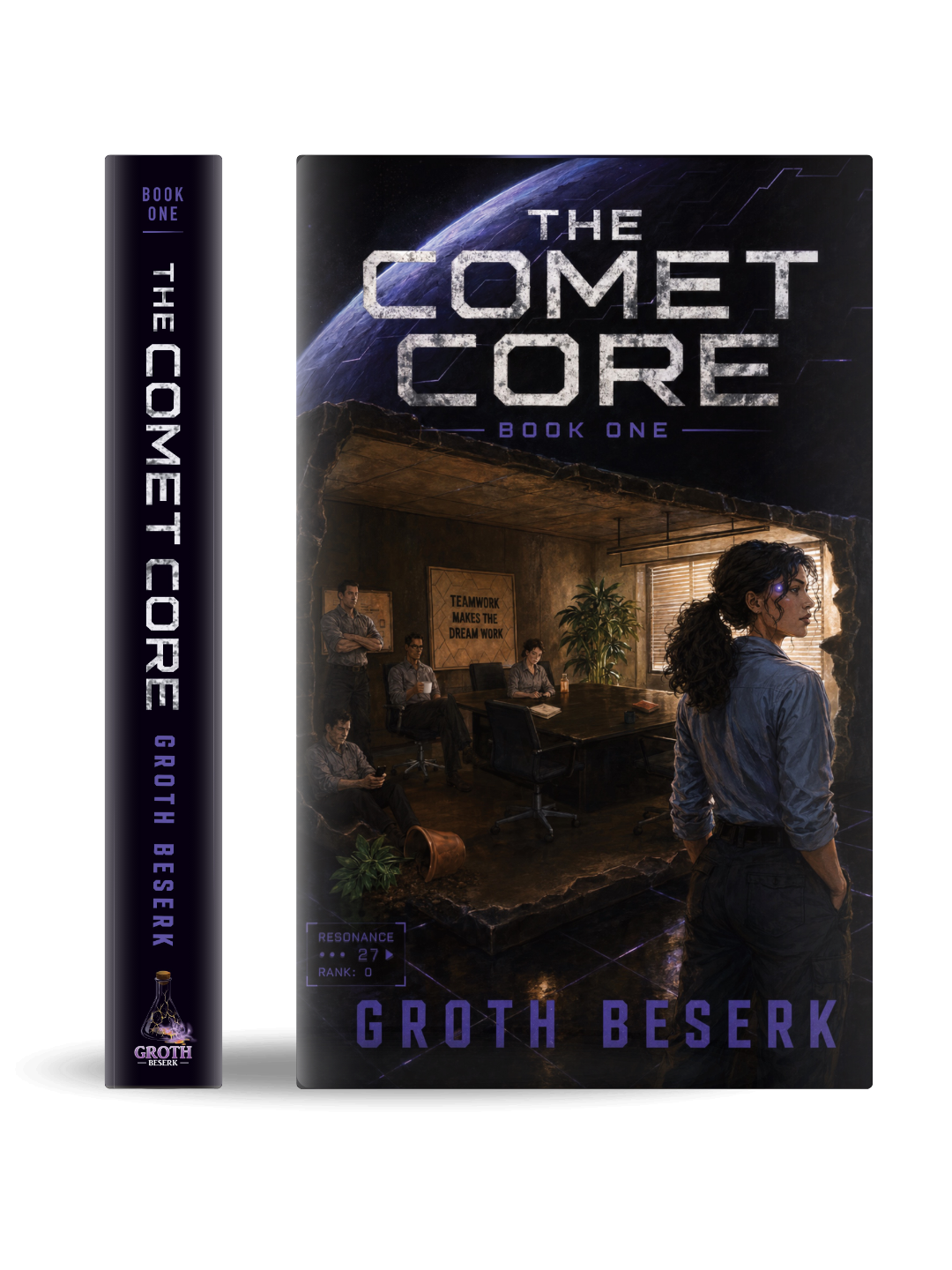 The Comet Core, angled hardback mockup detail