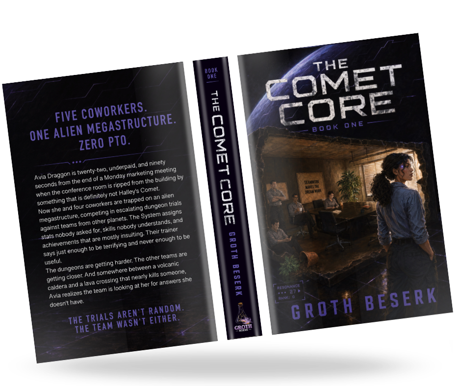 The Comet Core, full jacket spread with back cover copy and spine