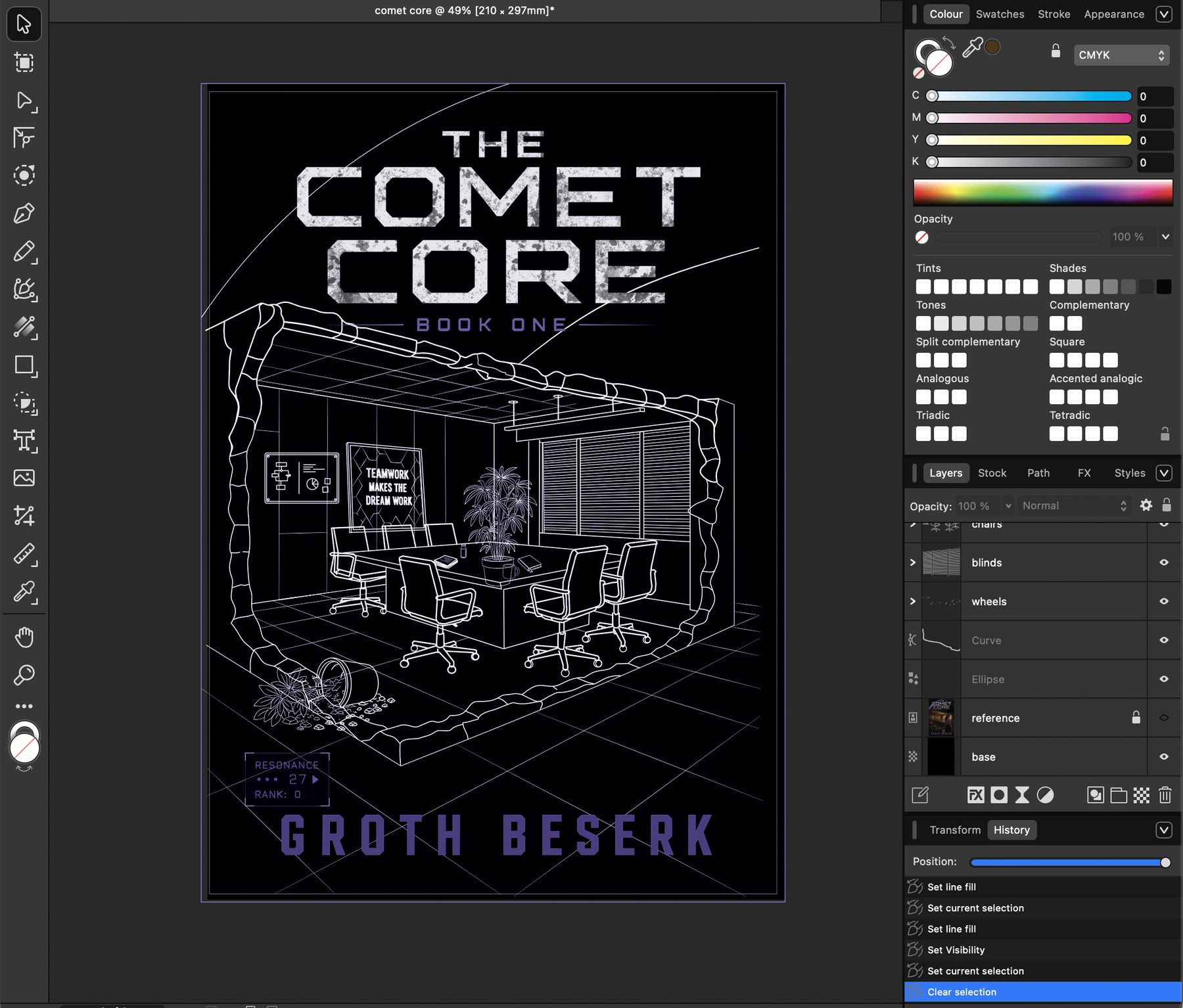 Cover composition in Affinity Designer showing the title placed over the linework scene, with grid lines establishing scale and the rock edge defining the frame