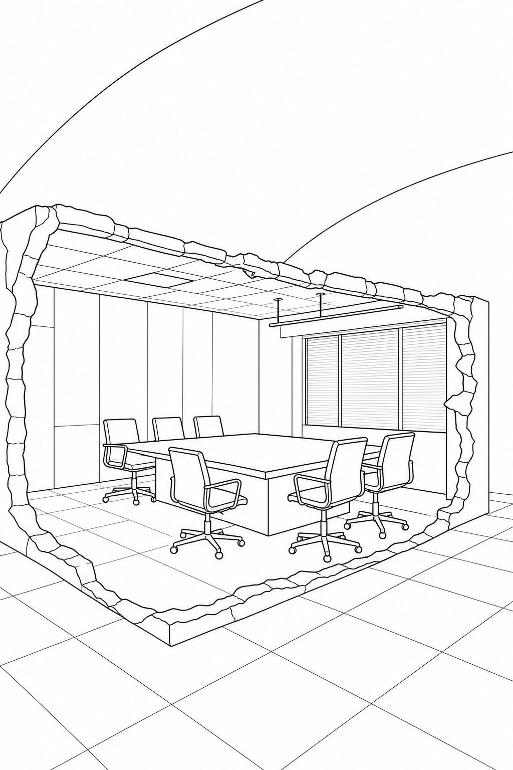 Complete vector linework for the conference room scene, drawn as clean black lines on white, showing the full scene before any colour or composition overlay