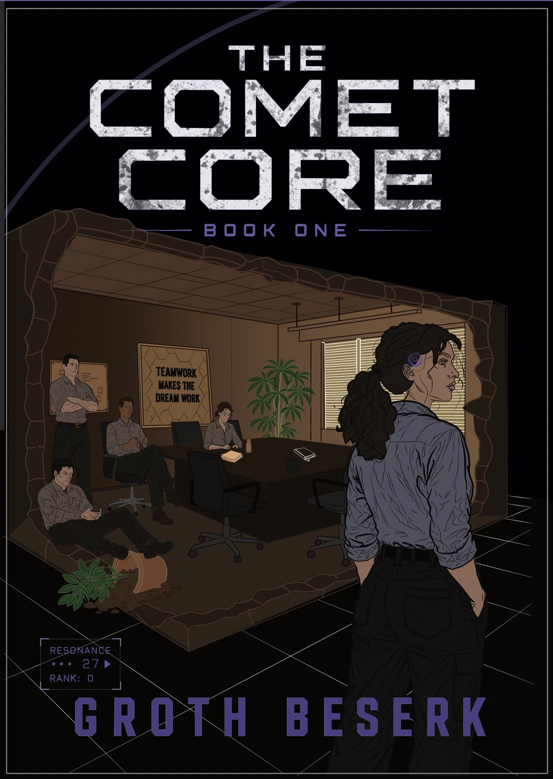 Cover with flat colour added to the scene and characters, before the final render pass