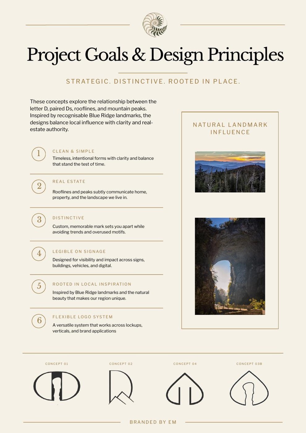First page of the initial DTD concept presentation: title page showing Strategic, Distinctive, Rooted in Place and the design principles