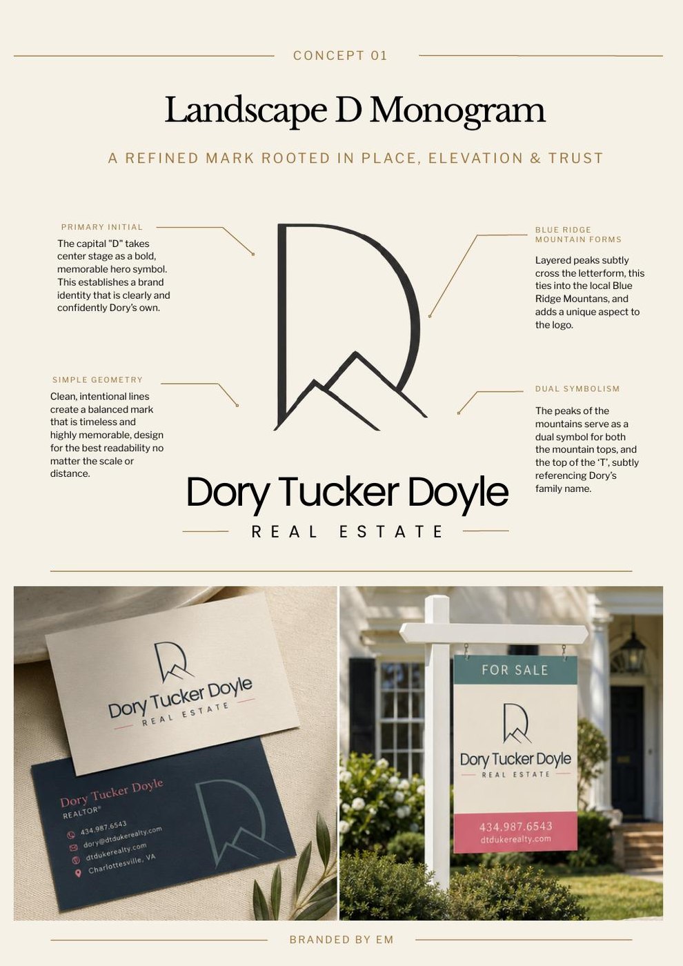 Concept 01: Landscape D Monogram, showing the capital D with Blue Ridge mountain peaks crossing the letterform, and Dory Tucker Doyle Real Estate below