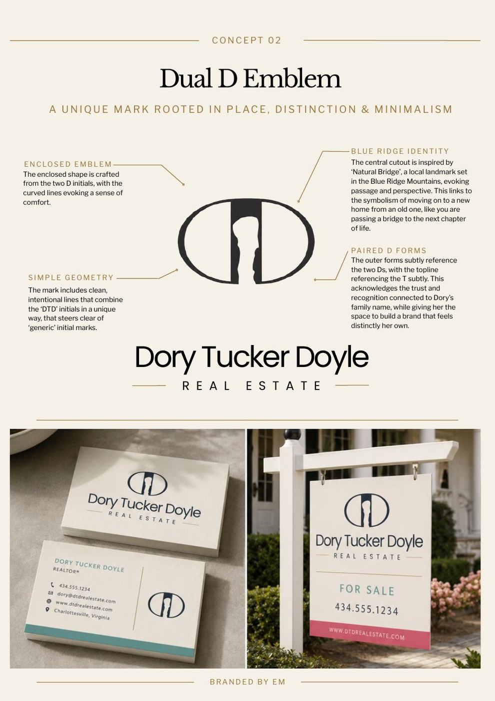 Concept 02: Dual D Emblem, showing the enclosed shape formed from two mirrored D initials with the Natural Bridge-inspired central cutout, Dory Tucker Doyle Real Estate below