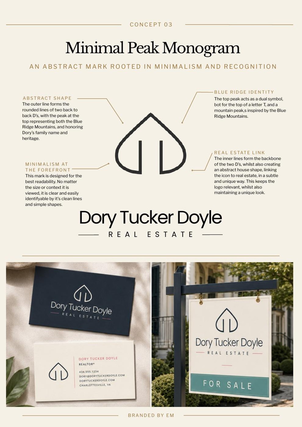 Concept 03: Minimal Peak Monogram, showing the abstract form from two back-to-back Ds with a peak at the top and an inner house form