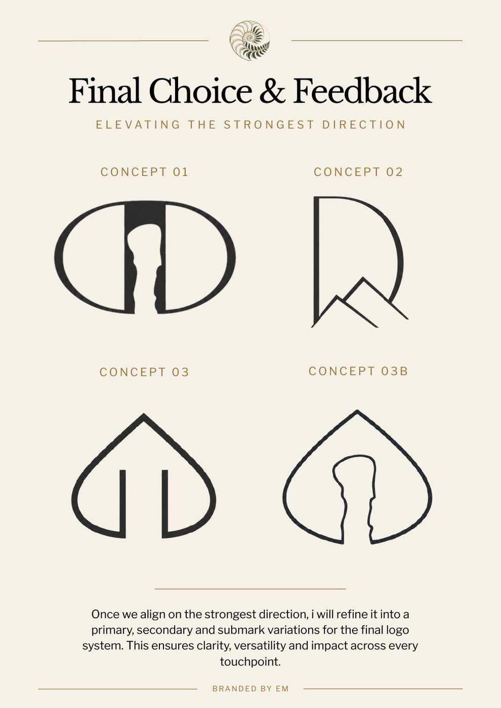 Final choice page showing all four concepts side by side with Concepts 01 and 03B highlighted as the strongest directions