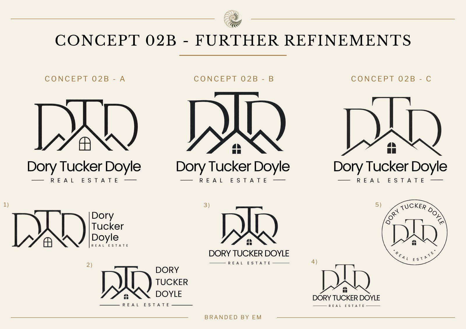 Concept 02B further refinements: three sub-variants A, B and C of the DTD roofline mark showing weight and proportion adjustments, plus five lockup options showing horizontal, stacked, all-caps and circular seal arrangements