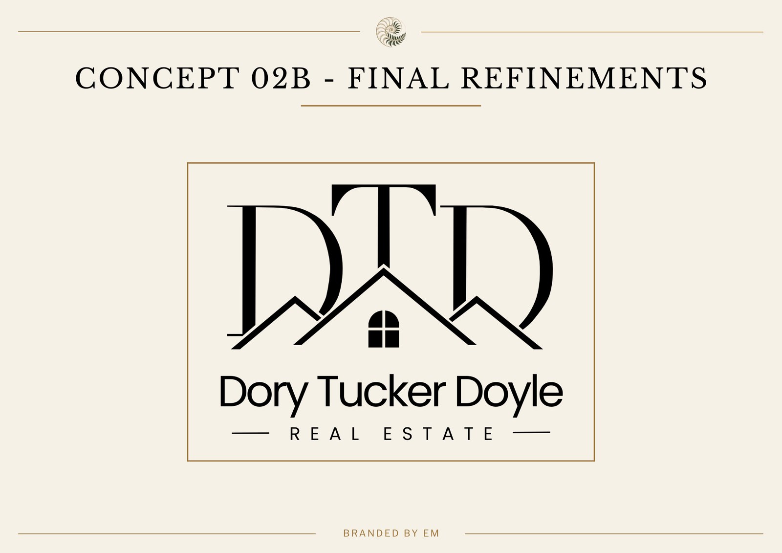 Concept 02B final refinements: the resolved mark presented in a bordered presentation box, showing the DTD initials with integrated rooflines and window, Dory Tucker Doyle below in mixed-case serif, and REAL ESTATE in spaced caps