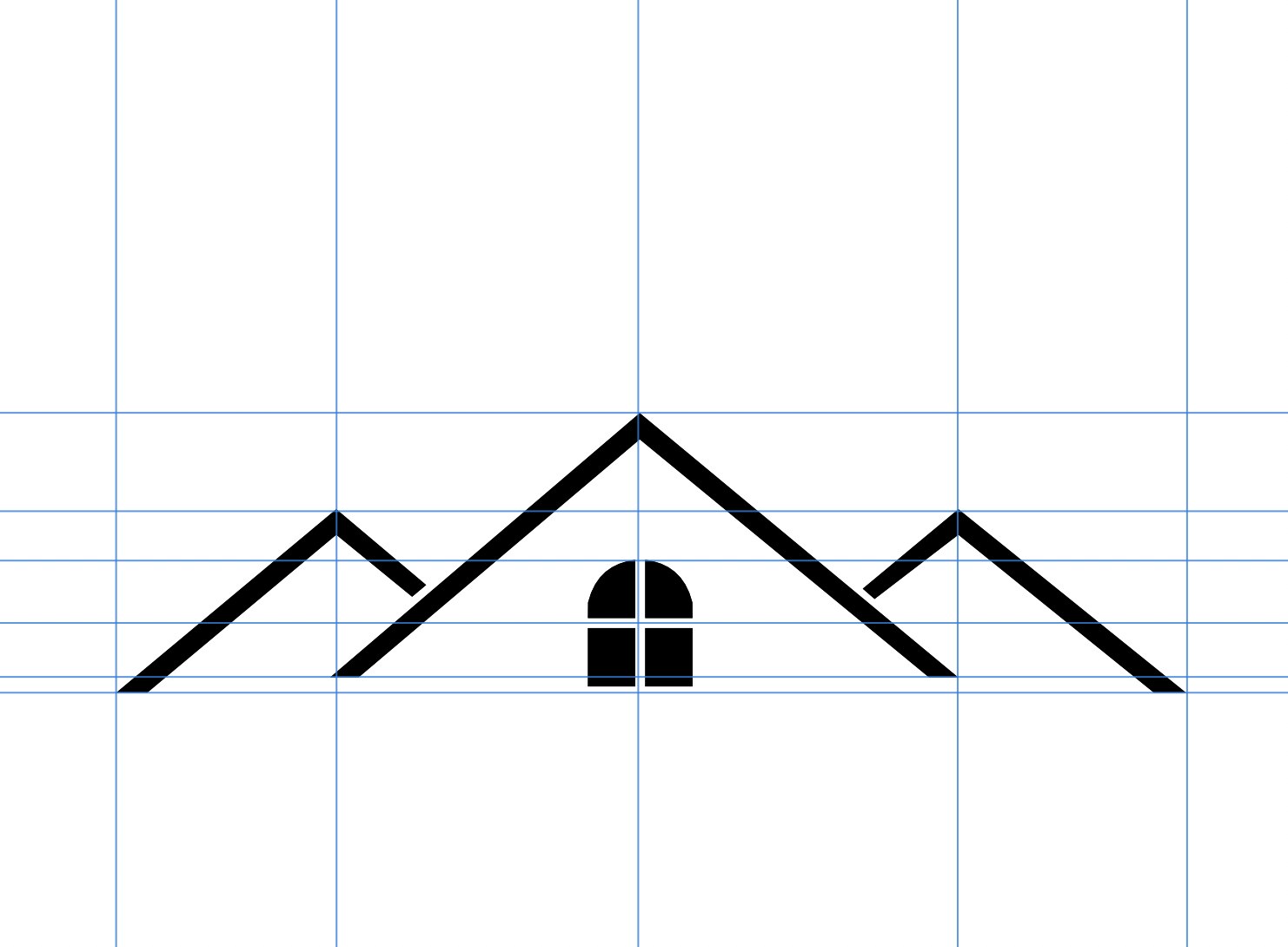 The standalone roofline icon checked on a grid, verifying that the peaks and window read clearly when the letterforms are stripped back to their most minimal form