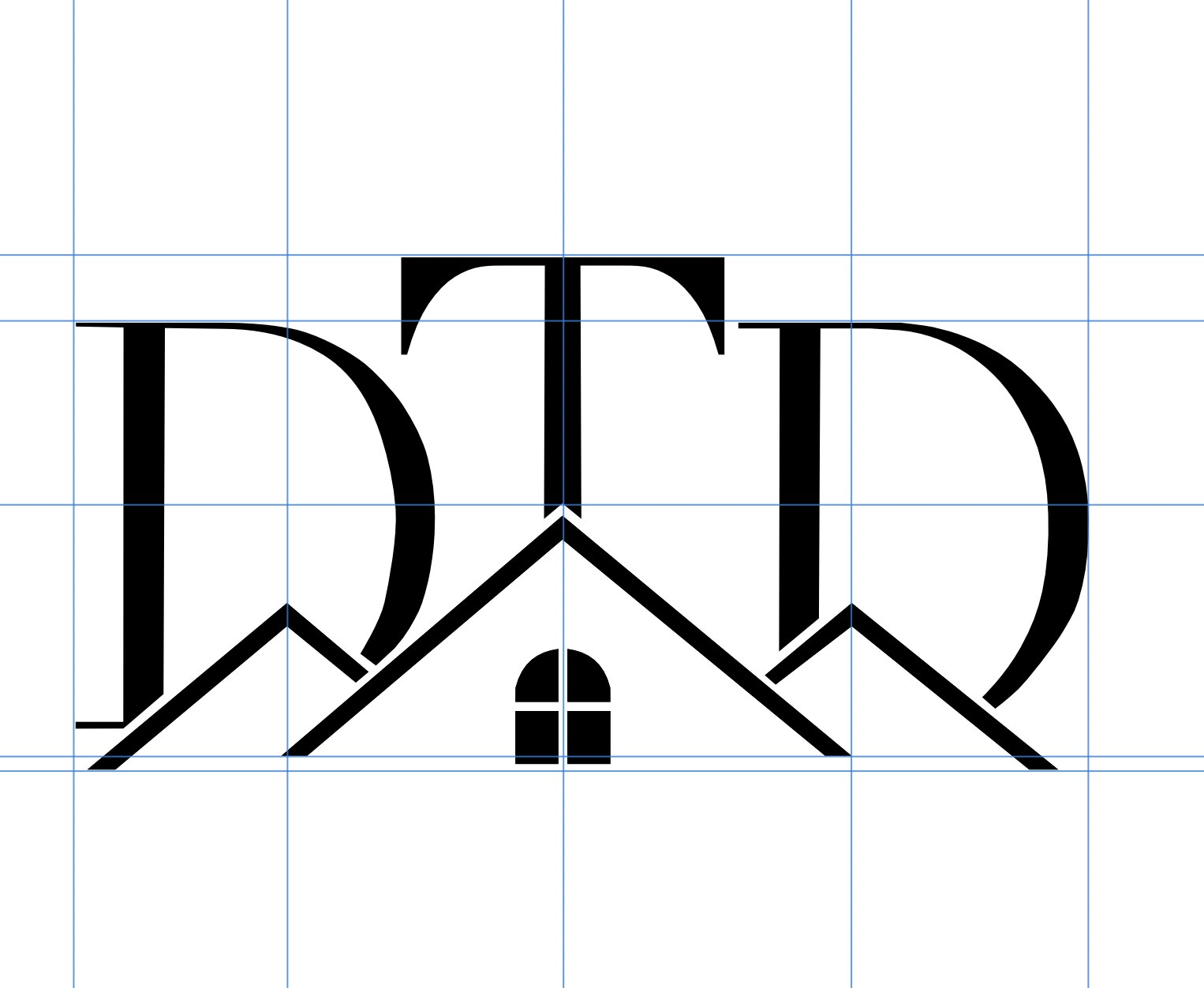 The full DTD monogram with roofline checked on a grid, confirming alignment between the initials and the roofline elements and that the window sits correctly centred