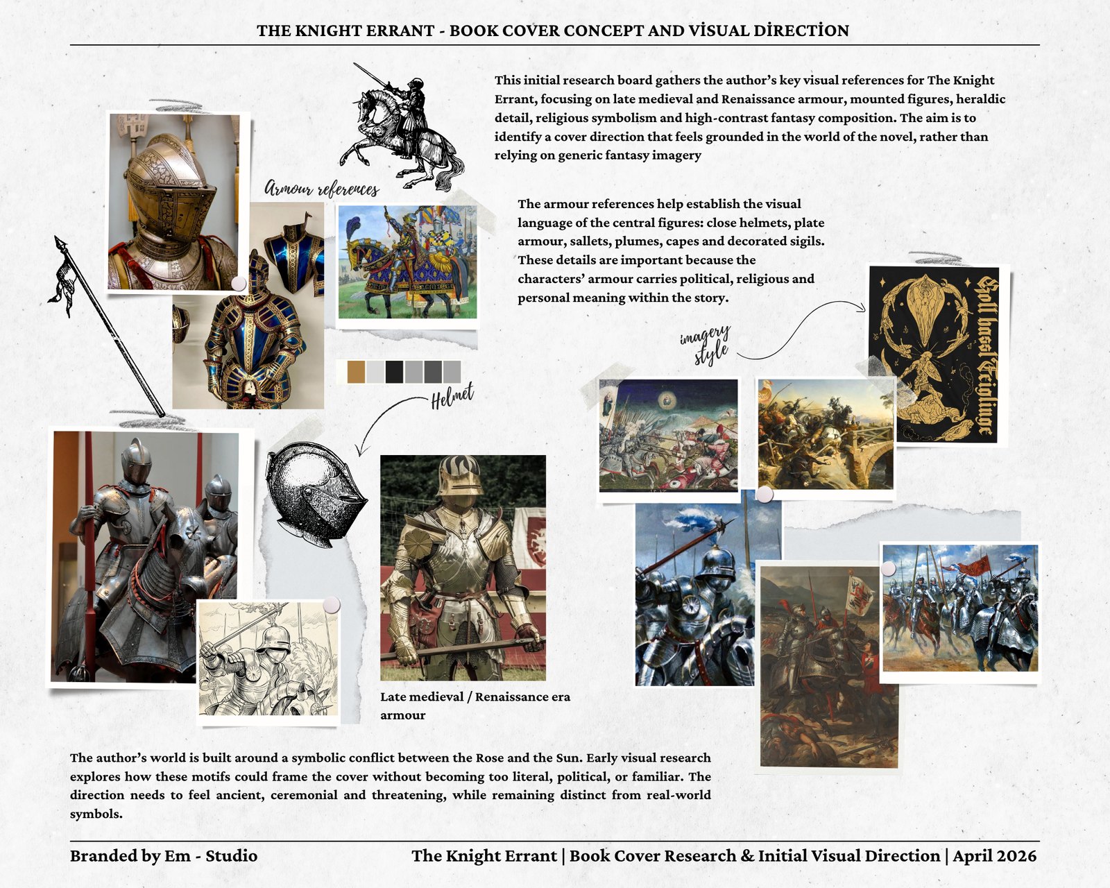 Knight Errant research moodboard showing late medieval armour references, heraldic imagery and visual direction notes
