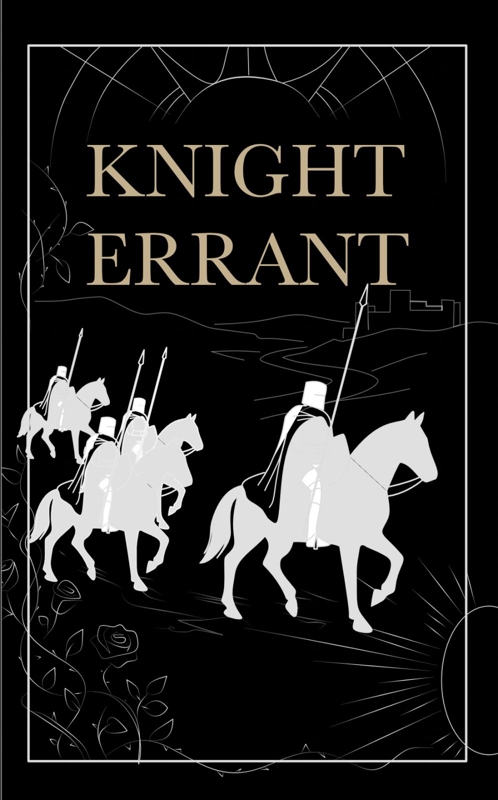 Initial concept showing three knights riding in silhouette, with a sun motif arch and roses at the border