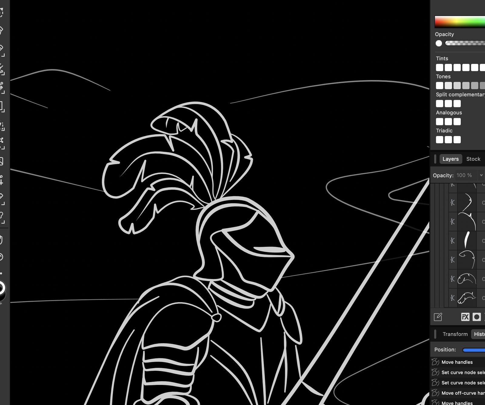 Affinity Designer screenshot showing the refined helmet and plume with individual feather curves added
