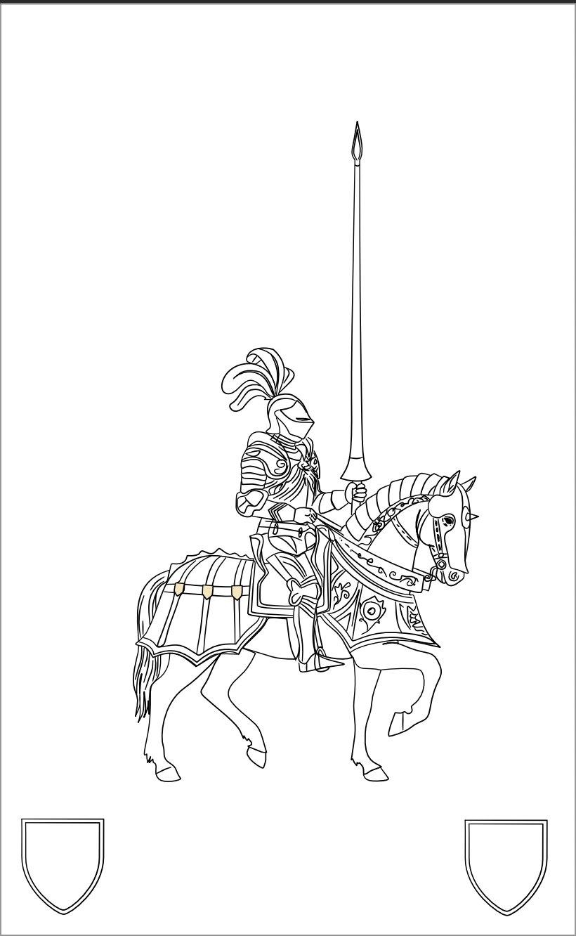 Fully detailed knight and horse linework in white on black, showing all the armour and horse barding detail