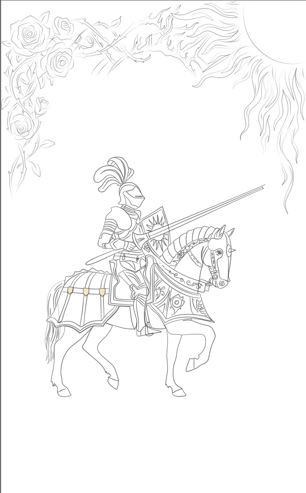 Cover iteration with the lance held horizontally and roses and flame borders added around the frame