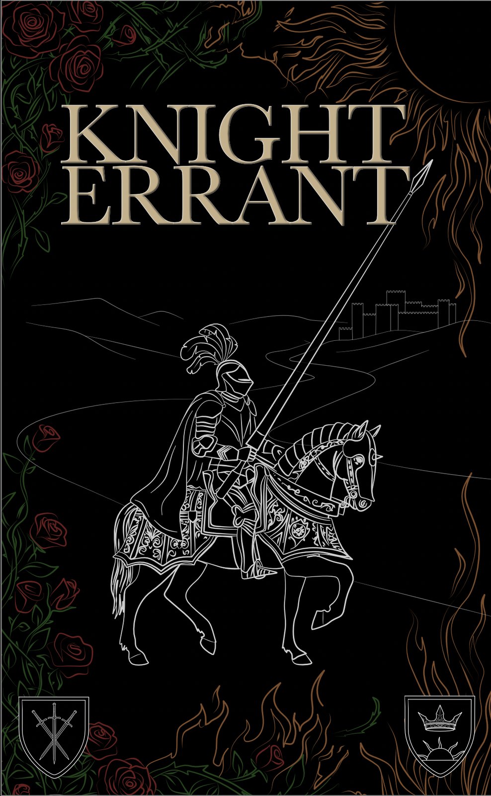 Full colour version with red roses, green foliage, amber flames and coloured shields on a dark background