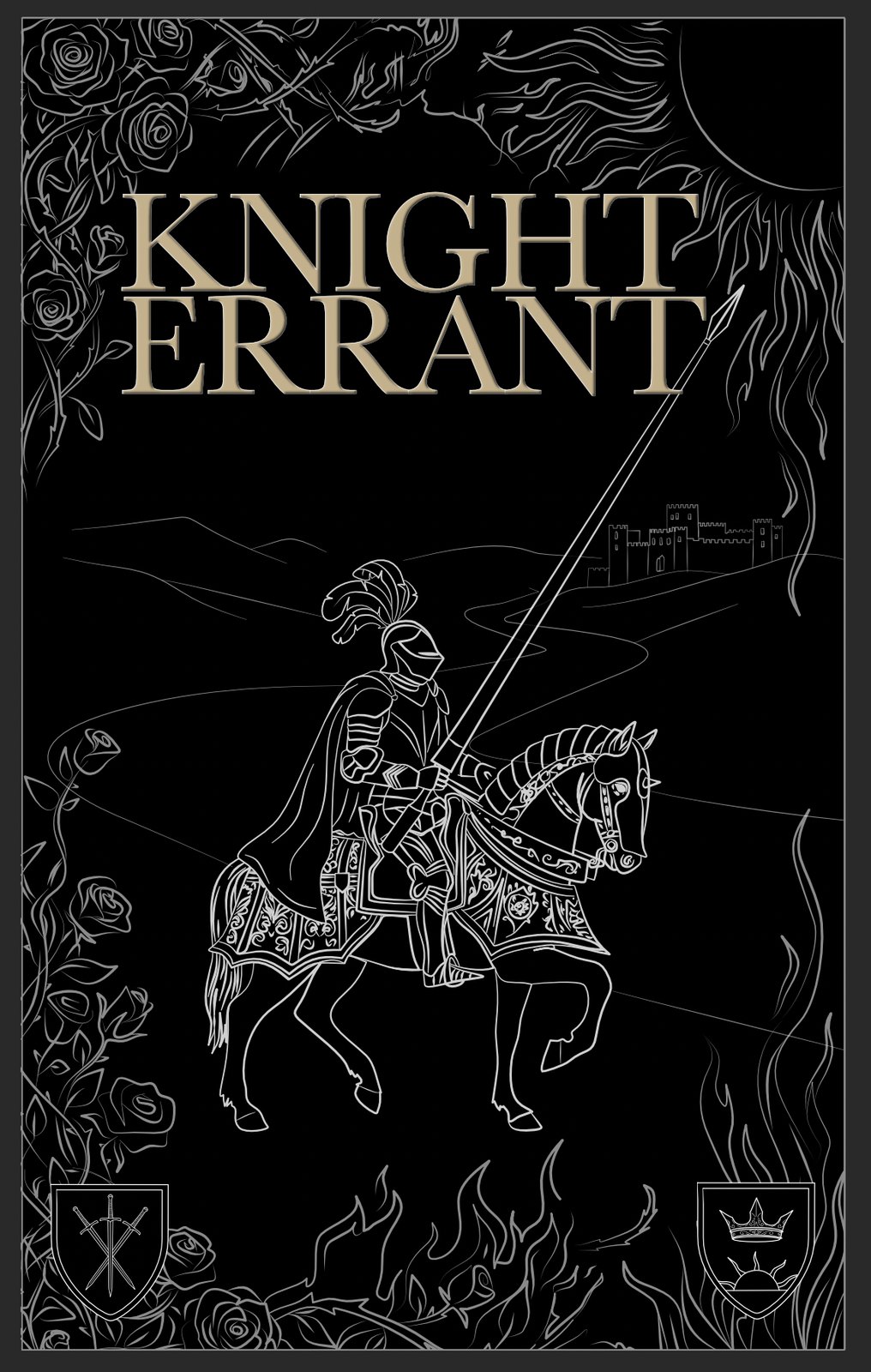 Near-final monochrome version with the full composition refined, parchment gold title typography visible