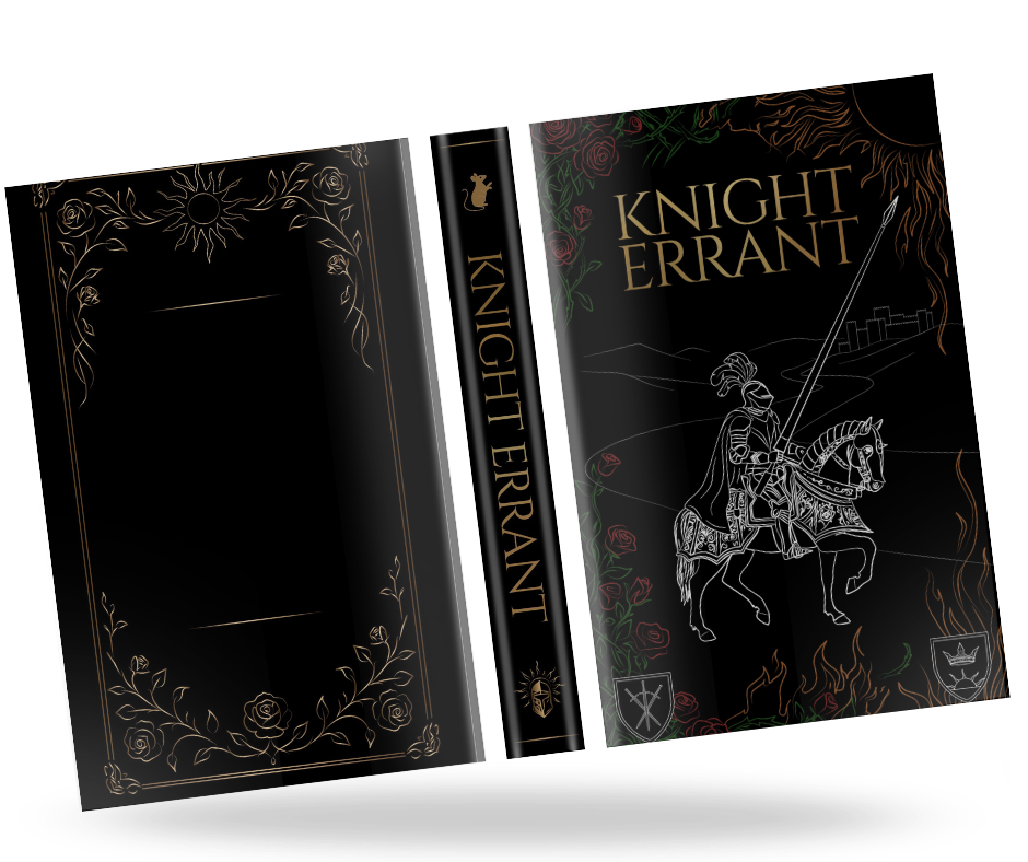 Full jacket mockup showing the colour edition hardback, front cover with knight illustration and coloured roses, spine, and back cover with gold rose border and sun motif