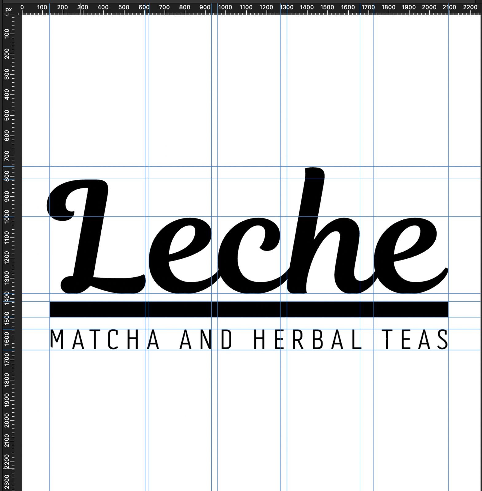 Leche wordmark in black on white with Affinity Designer guidelines visible, showing how the horizontal rule and tagline were aligned to the optical edges of the script