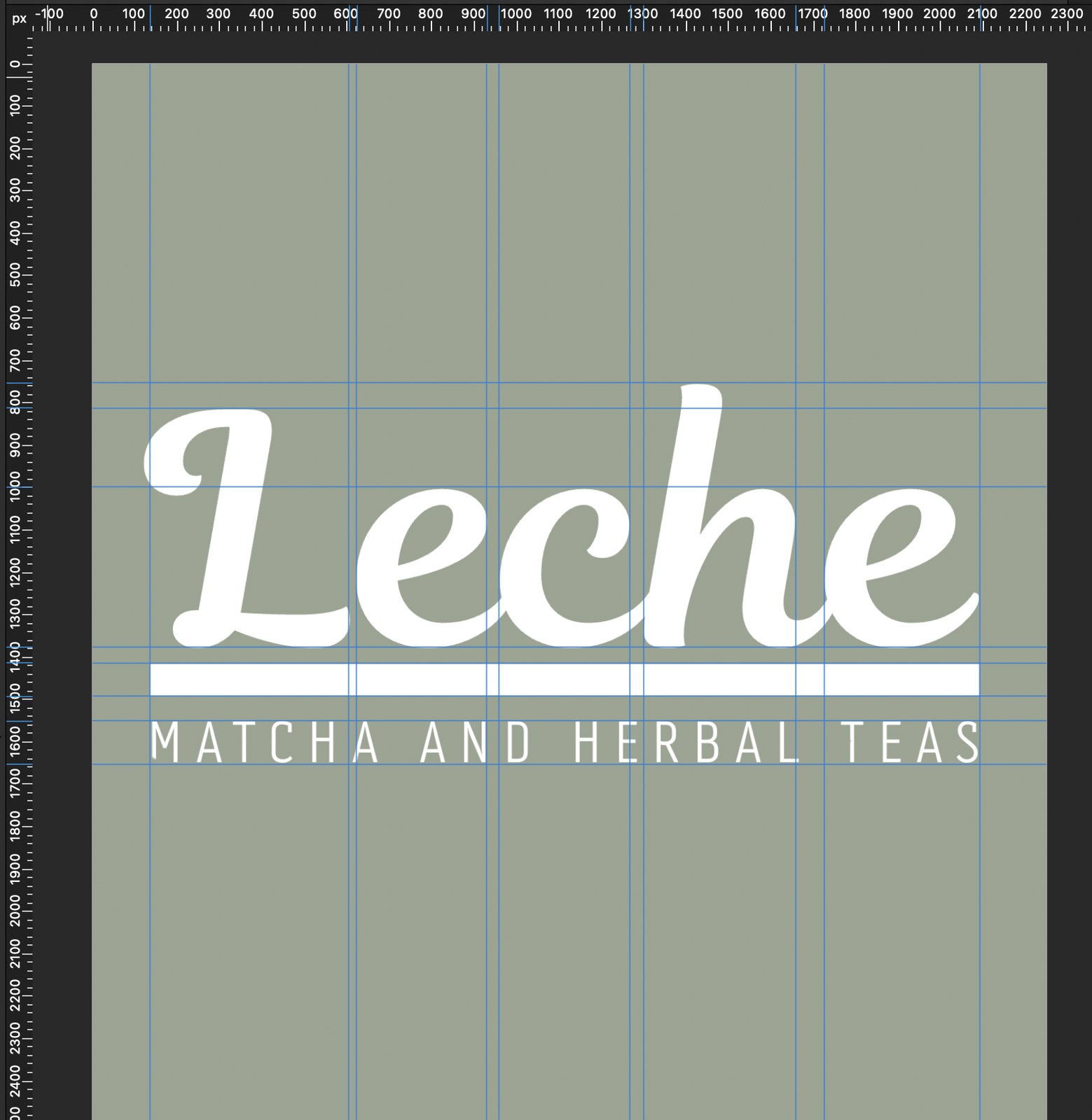 Leche wordmark in white on the sage green brand background with guidelines still visible, confirming the alignment holds in the colour version