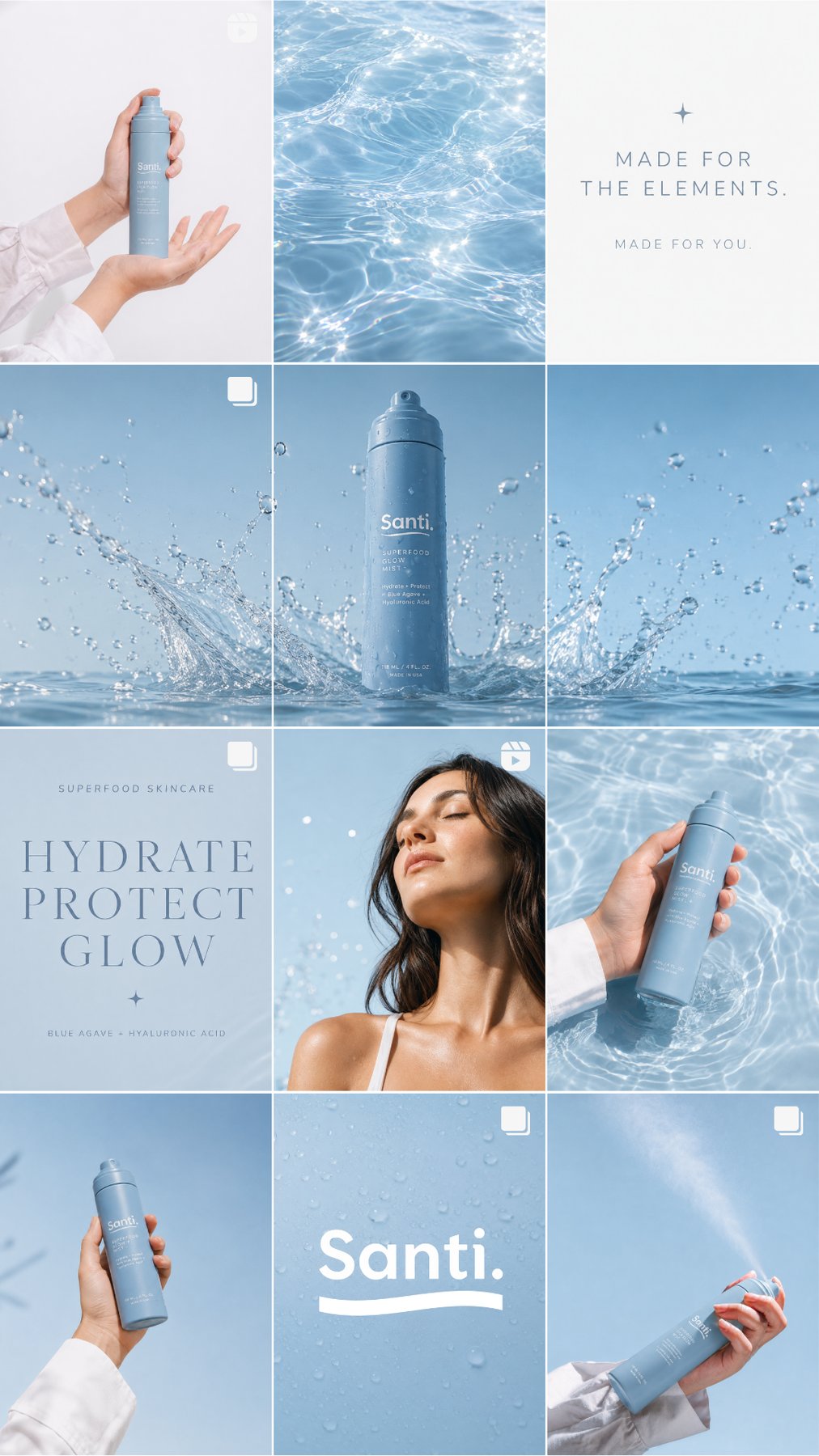 Santi Instagram feed grid showing the repeating water, product and typography post system