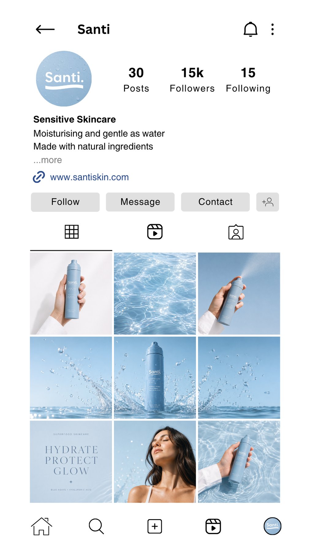 Santi Instagram profile mockup showing bio, highlights and feed in context