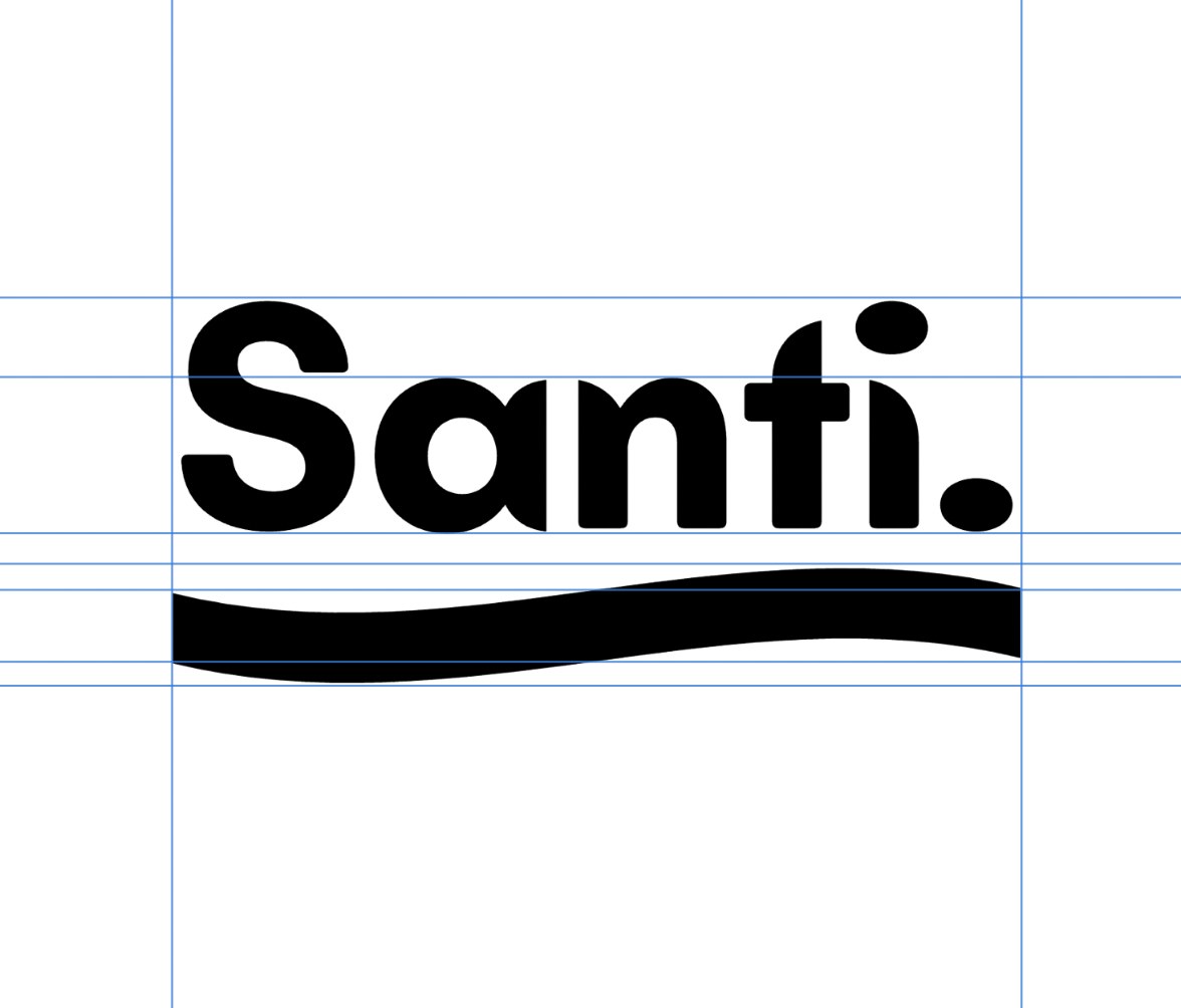 Stage 10: the final Santi wordmark in black on white. The wave is now properly integrated into the letterforms, sitting between the letters at a height that feels natural and inevitable.