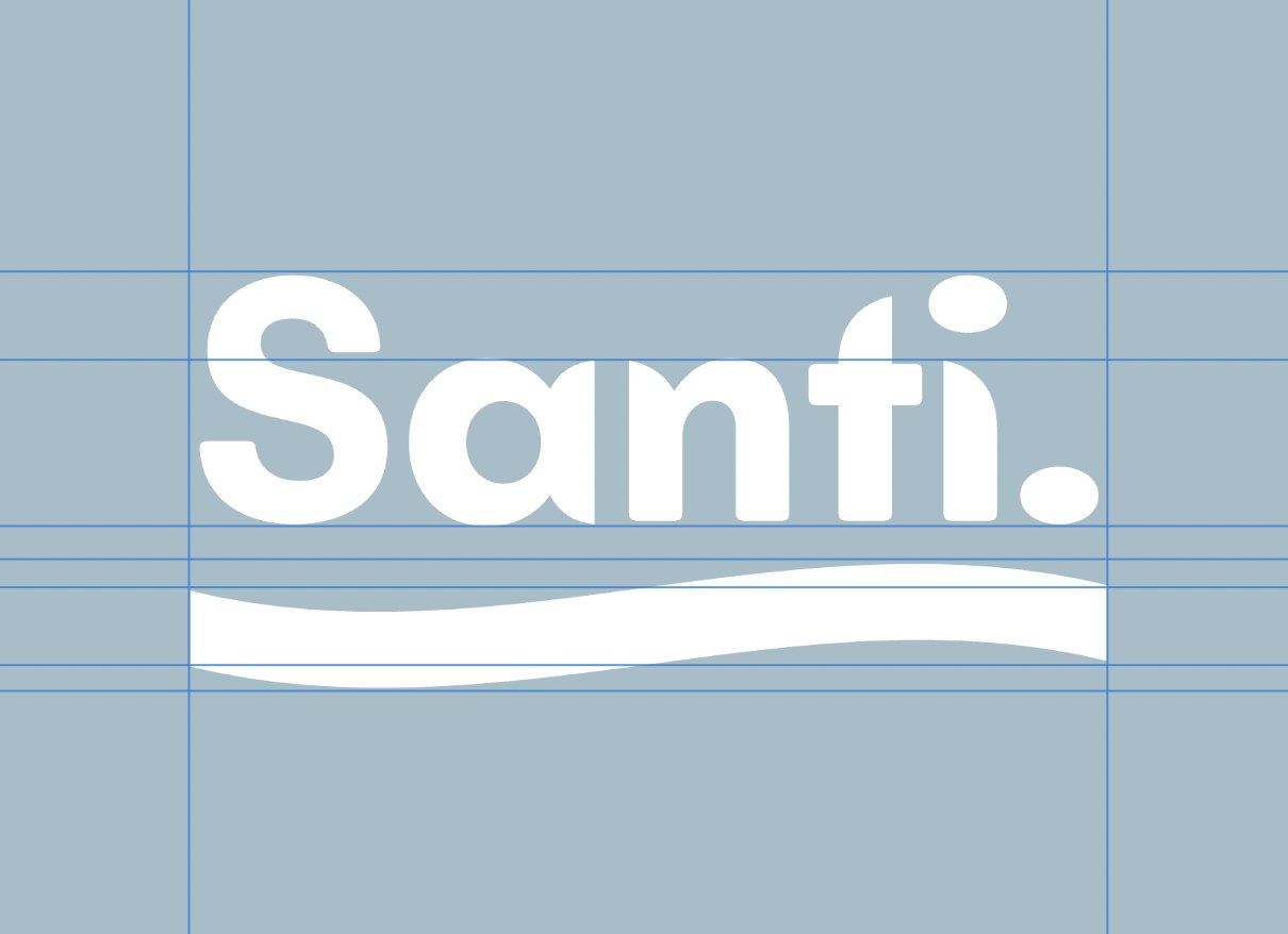Stage 11: the final mark applied to the brand sky blue background in white. Confirming the mark holds in the actual brand context.