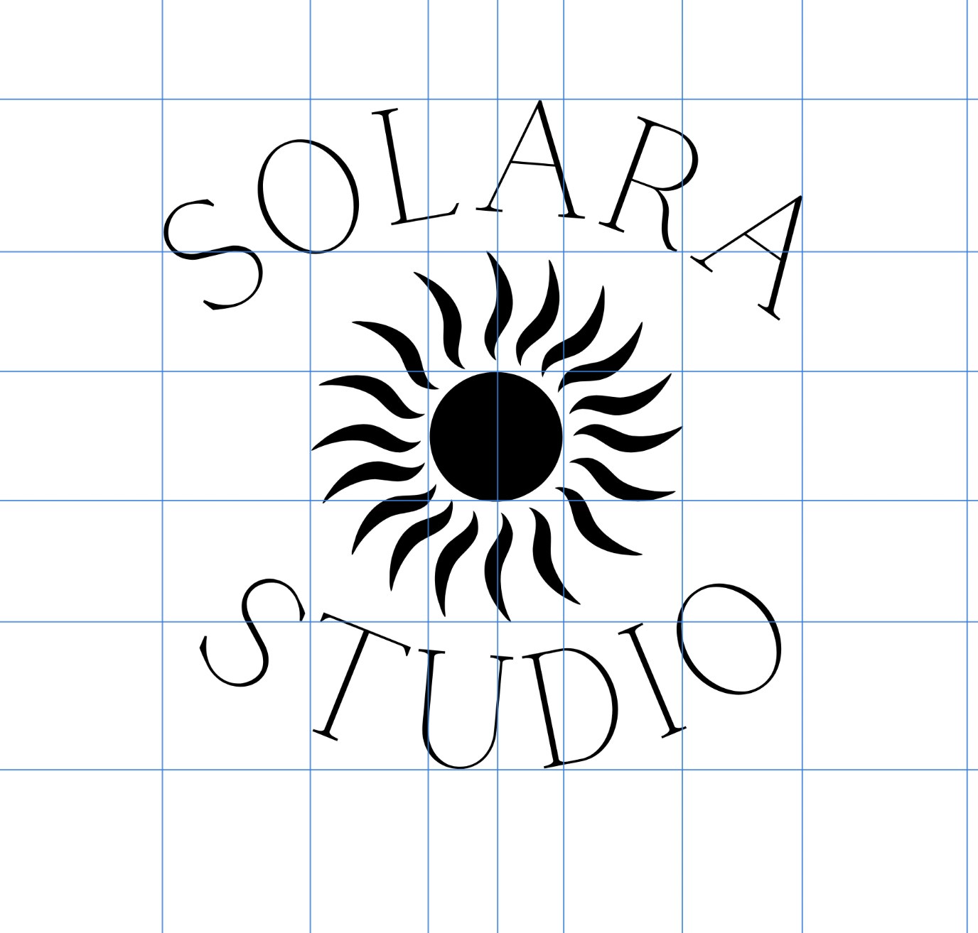 Solara Studio circular mark in black on white with Affinity Designer guidelines, confirming the sun mark is optically centred and the type arcs are at a consistent radius