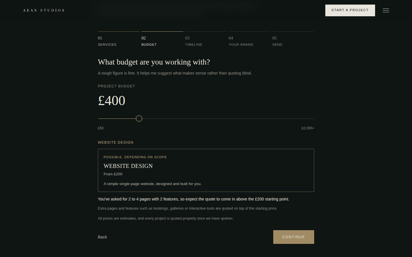 The project brief tool showing estimated website packages for a chosen budget