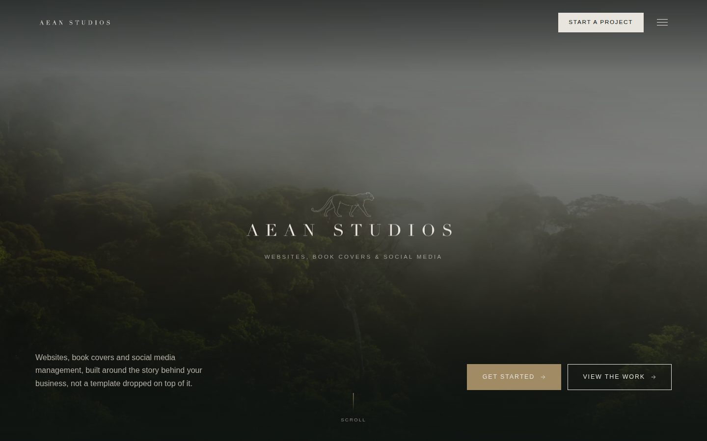 AEAN Studios home page with the animated construction-grid logo over a misty forest