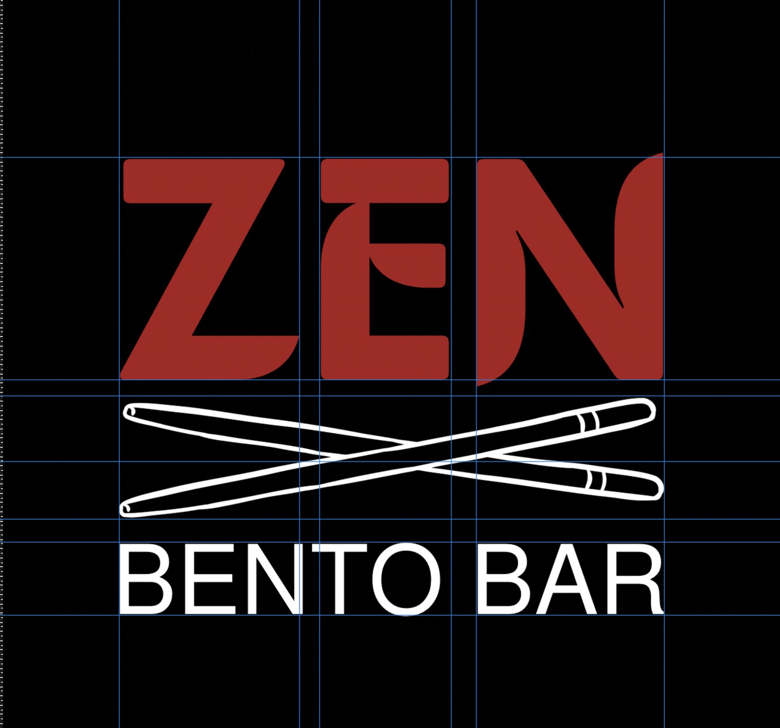 Final Zen Bento Bar logo: ZEN in red, chopsticks crossed with a tight confident intersection, BENTO BAR below. All three elements now read as one unified mark.